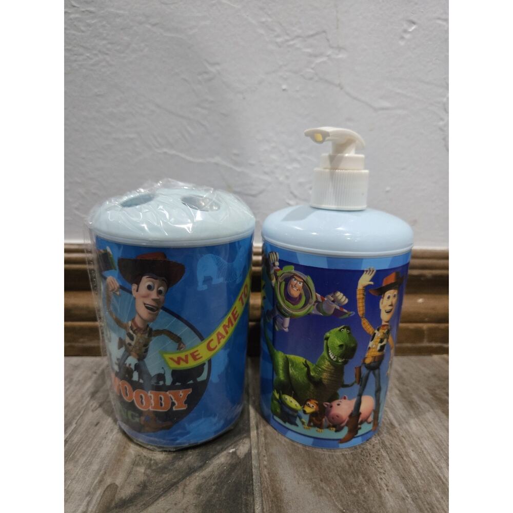 VTG Toy Story Buzz & Woody Kids Bathroom Set: Soap Dispenser & Toothbrush NOS